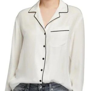 Rag & Bone Luca Marshmallow PJ Top Blouse Ivory Silk Black Piping